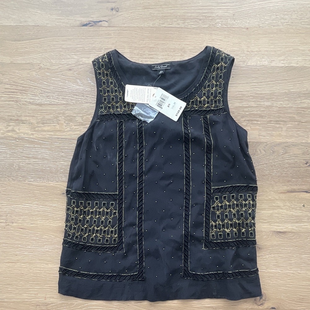 Lucky Brand Black/Gold Embroidered Beaded Sleeveless Tank Top Women's Size XS